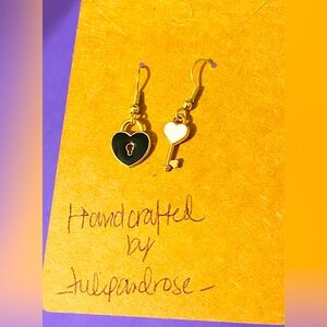 Handmade Heart Key and Lock  Mix Match Earrings Drop - Black and White